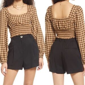 NEW Nordstrom Dreamy Smocked Long Sleeve Crop Top Plaid Brown Black Size 2X 2021